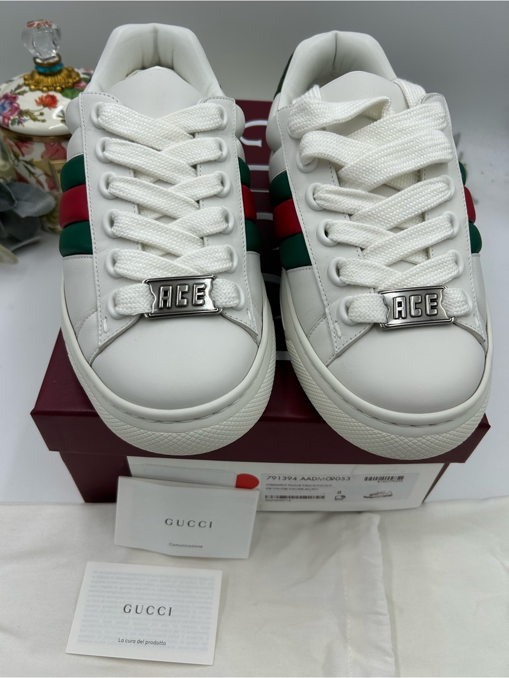 Men's Gucci ACE size 8 fits 9 US Leather sneakers with Green & Red Web Stripe - Picture 4 of 10